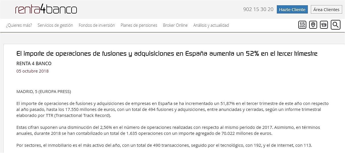 El importe de operaciones de fusiones y adquisiciones en Espaa aumenta un 52% en el tercer trimestre